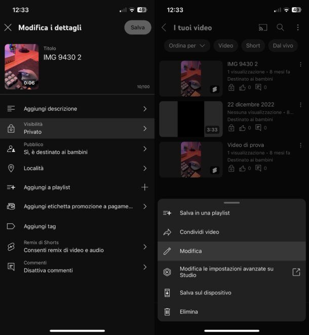 Modificare privacy video dall'app di YouTube