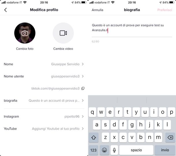 Completare info profilo TikTok