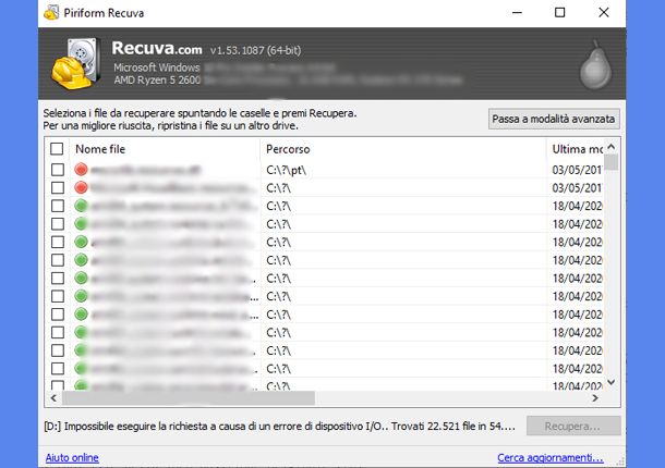 Recupero dei file con Recuva