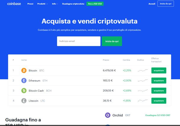 La schermata principale di Coinbase