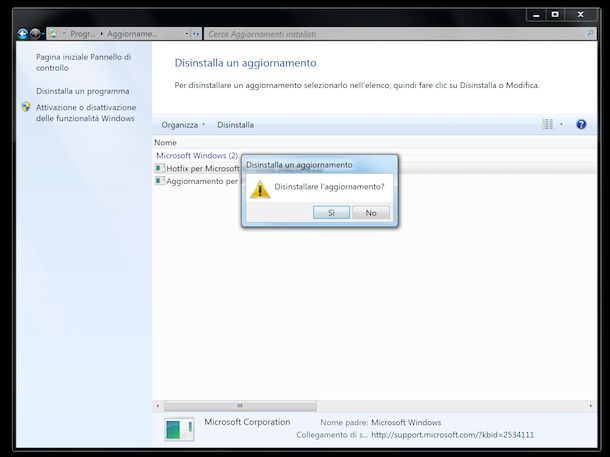 Rimozione aggiornamenti Windows 7