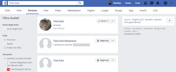 Facebook ricerca persone