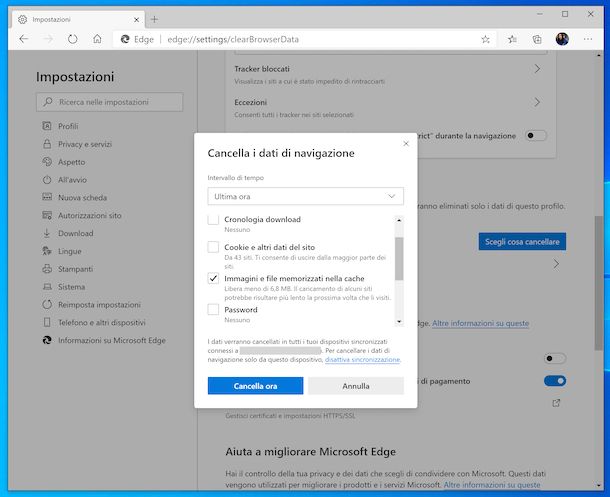 Cancellazione cache Edge Windows 10