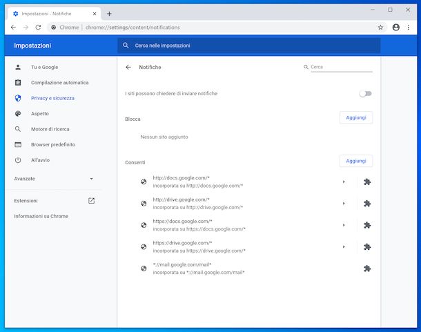 Disattivazione notifiche su Chrome