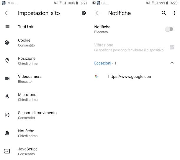 Disattivazione notifiche su Chrome per Android