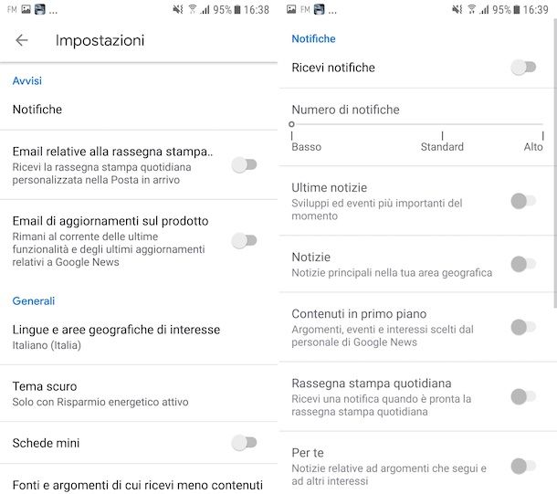 Disattivazione notifiche su Google News per Android