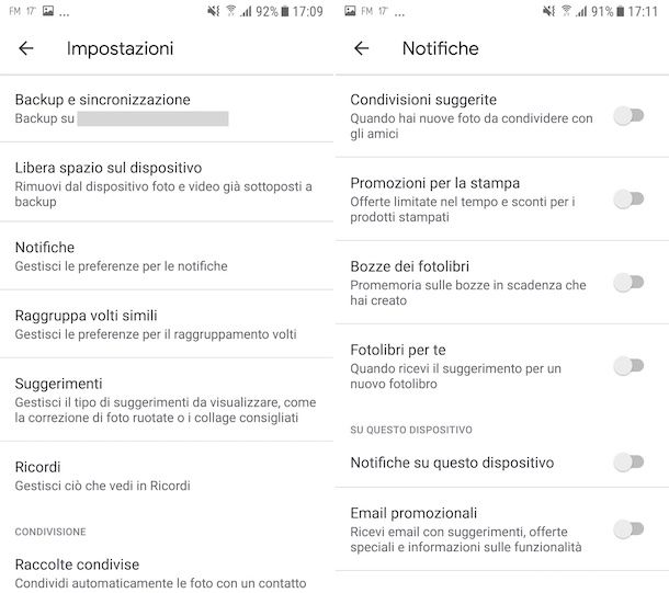 Disattivazione notifiche su Google Foto per Android