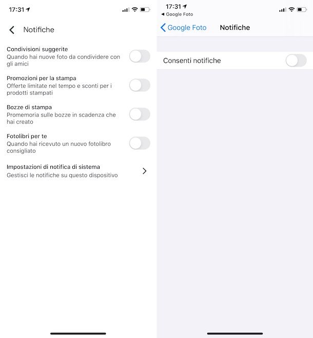 Disattivazione notifiche su Google Foto per iOS