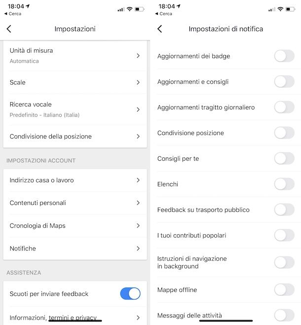 Disattivazione notifiche su Google Maps per iOS