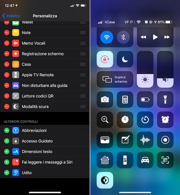 Tema scuro Centro di Controllo iOS