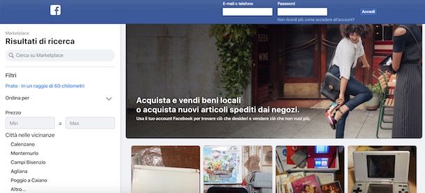 Accedere a Facebook Marketplace senza account