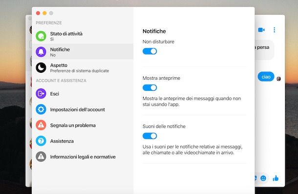 Disattivare notifiche Messenger Mac
