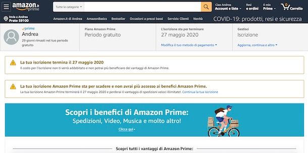 Data scadenza Amazon Prime