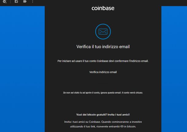 L'email di verifica di Coinbase