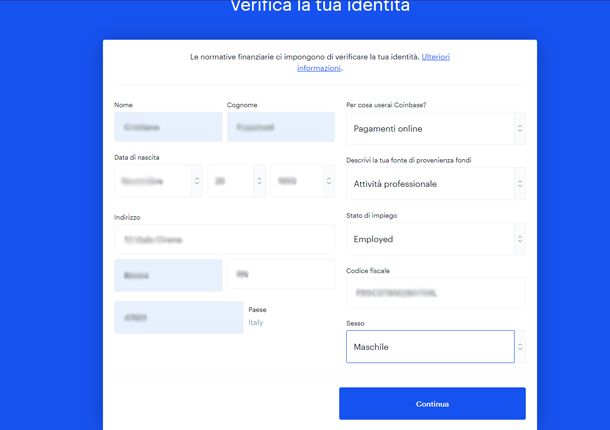 Inserisci i dati richiesti da Coinbase