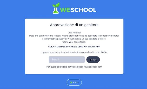 Registrazione studenti minorenni su WeSchool