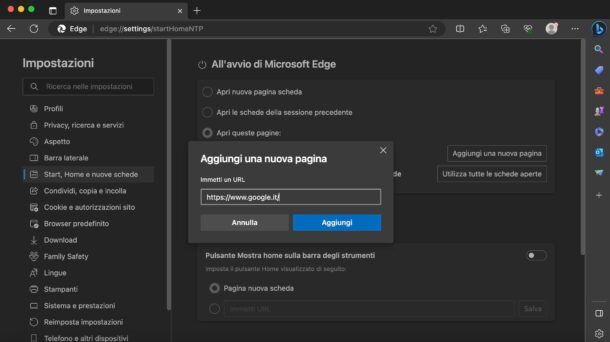 Impostare Google come pagina iniziale su Edge desktop