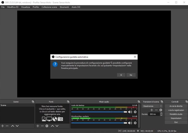 Il primo avvio di OBS