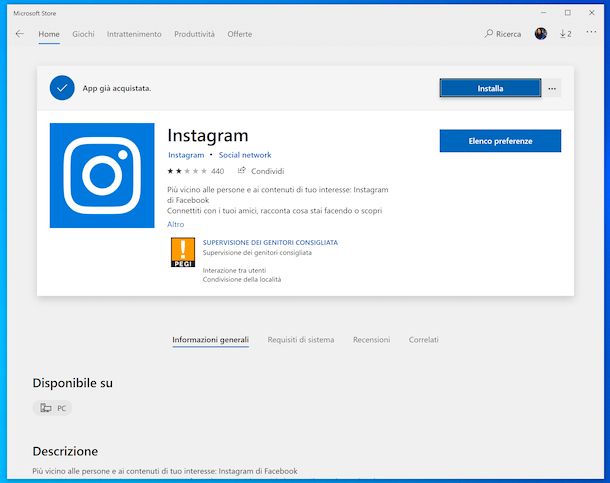 Reinstallazione di Instagram su Windows 10