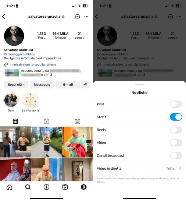 Come attivare notifiche storie di un profilo dall'app Instagram su iPhone