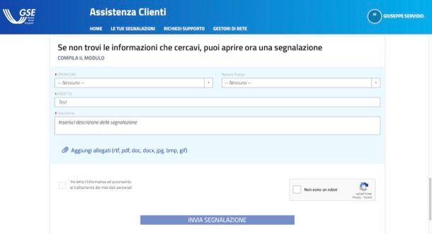 Inviare segnalazione GSE