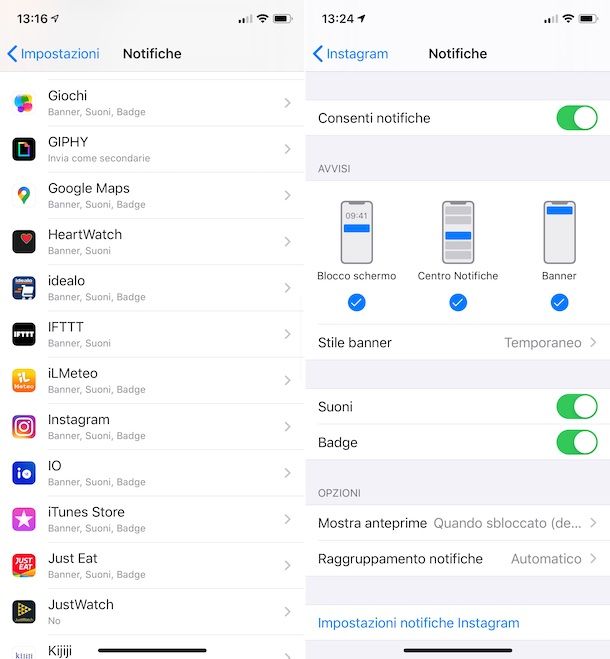 Impostazioni iOS notifiche Instagram