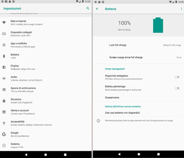 Controlla lo stato della batteria su Android 8