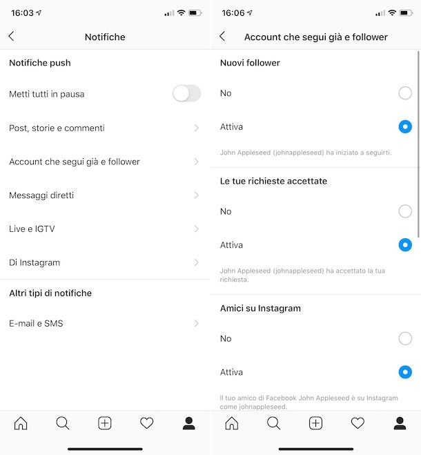 Impostazioni notifiche Instagram