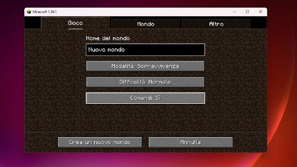 Crea nuovo mondo Minecraft con comandi