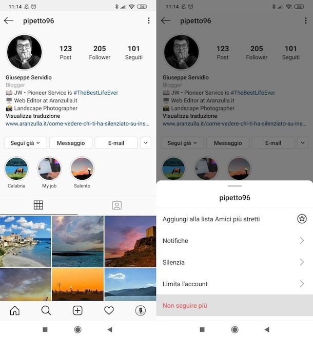 Smettere di seguire una persona su Instagram Android