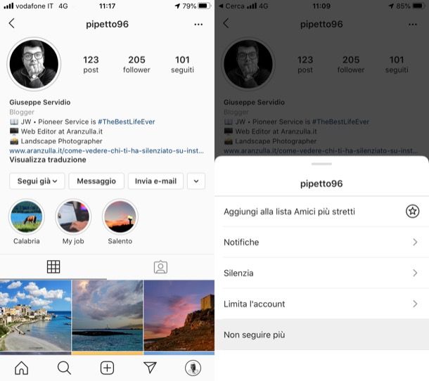 Smettere di seguire una persona su Instagram iPhone