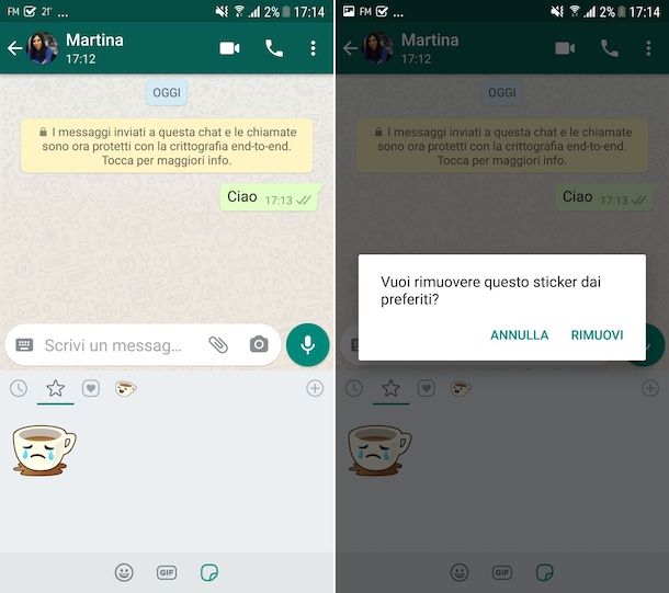 Rimozione sticker preferiti WhatsApp Android