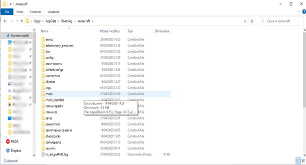 La cartella contenente Minecraft