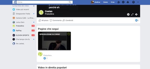 Diretta di pagine Facebook seguite