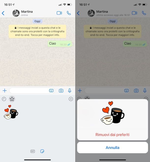 Rimozione sticker preferiti WhatsApp iPhone
