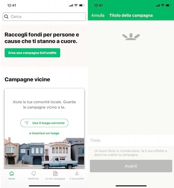 Creare una campagna GoFundMe da app