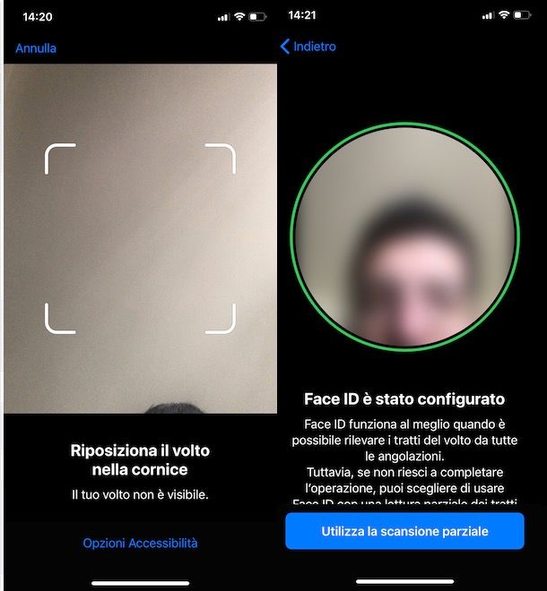 Configurazione parziale di Face ID