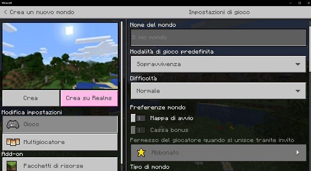 Creare nuovo mondo su Minecraft Bedrock Edition