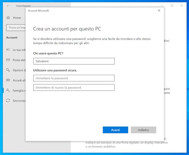 Creazione account locale Windows 10