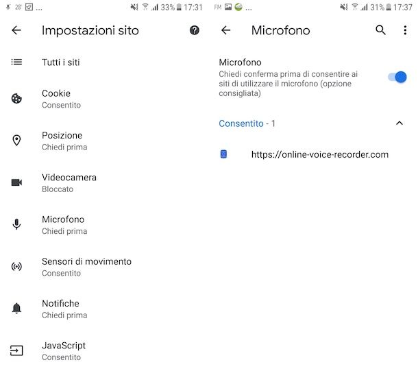 Impostazioni microfono Chrome Android