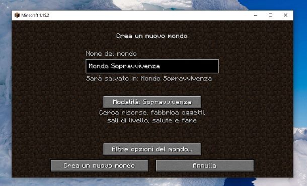 Sopravvivenza Crea un nuovo mondo Minecraft