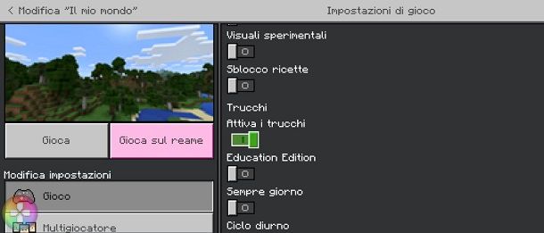 Attivare comandi Minecraft Bedrock