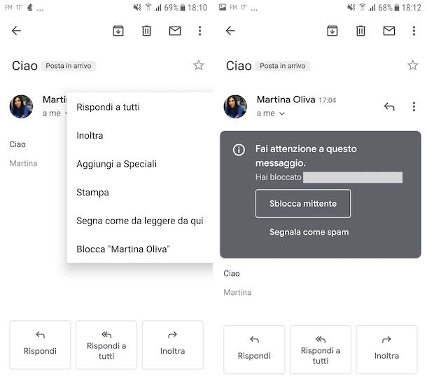 Blocco indirizzi email Gmail Android