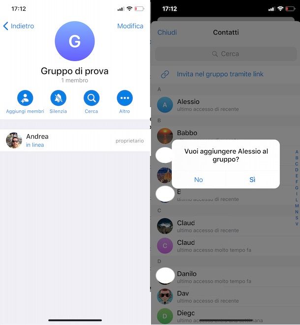 Come aggiungere contatti a gruppo Telegram