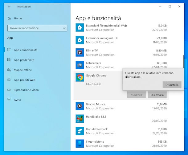 Disinstallazione di Chrome da Windows 10