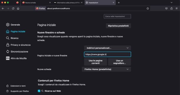 Impostare Google come pagina iniziale su Firefox desktop
