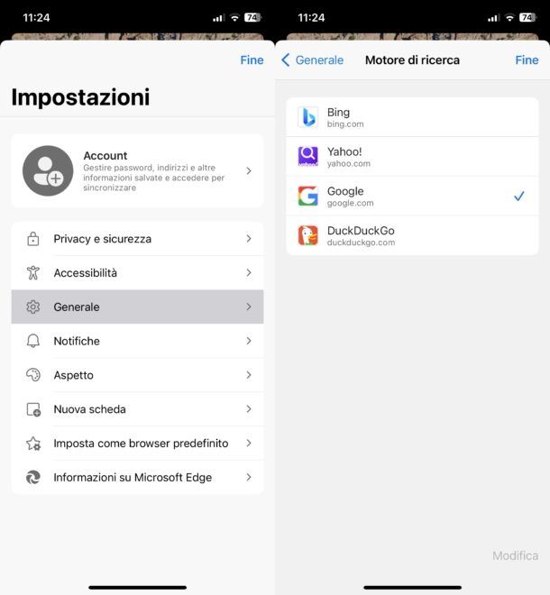 Impostare Google come pagina iniziale su Edge mobile