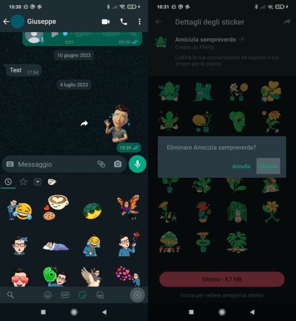 Eliminare pacchetto di sticker WhatsApp su Android