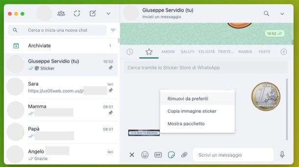 Rimuovere sticker preferiti da WhatsApp desktop