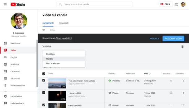 Rendere privato canale YouTube da computer